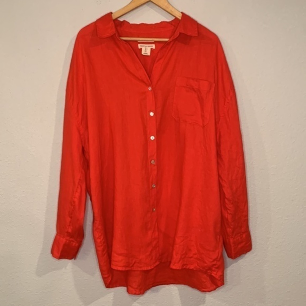 Christian Siriano linen button front relaxed fit shirt tomato red L